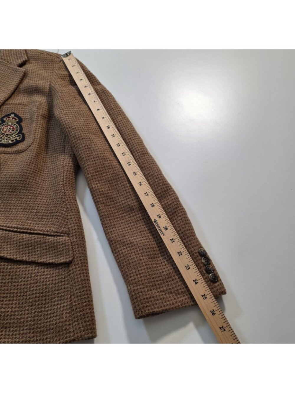 Lauren Ralph Lauren Tweed Crested Blazer Women US 16 Tan Houndstooth Wool Preppy - Picture 8 of 16